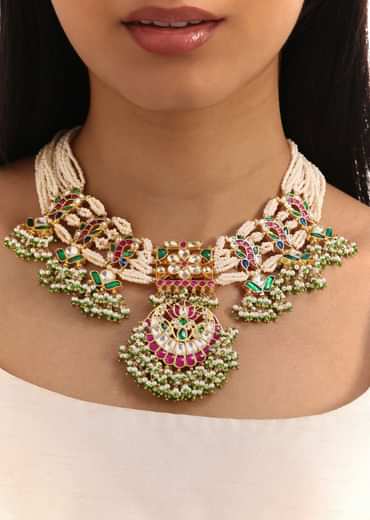 Green And Pink Pachi Kundan Necklace Set In Mixed Metal