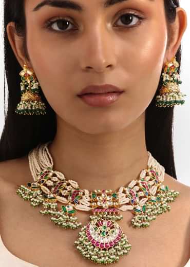 Green And Pink Pachi Kundan Necklace Set In Mixed Metal