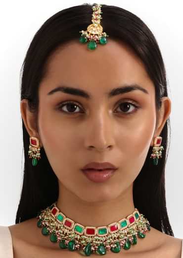 Green And Pink Pachi Kundan Necklace Set With Maangtikka