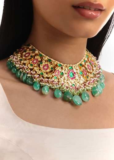 Green And Pink Pachi Kundan Necklace Set With Maangtikka