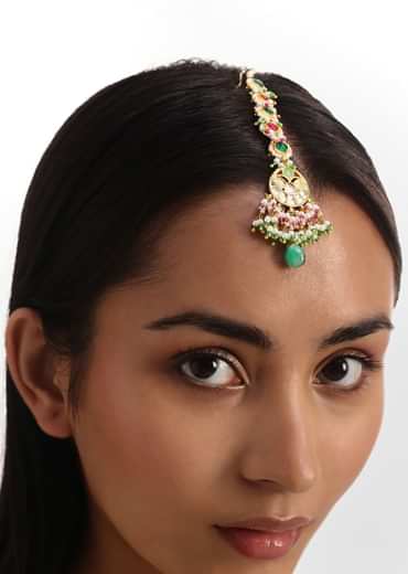 Green And Pink Pachi Kundan Necklace Set With Maangtikka