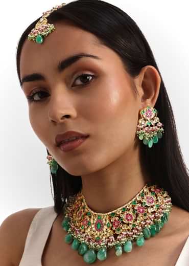 Green And Pink Pachi Kundan Necklace Set With Maangtikka