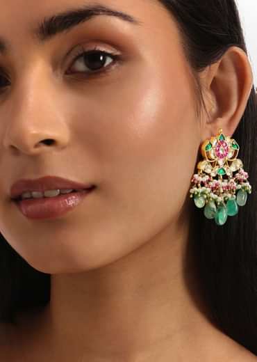 Green And Pink Pachi Kundan Necklace Set With Maangtikka