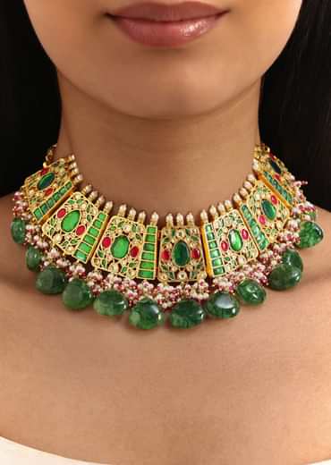 Green And Pink Pachi Kundan Short Necklace Set With Maangtikka