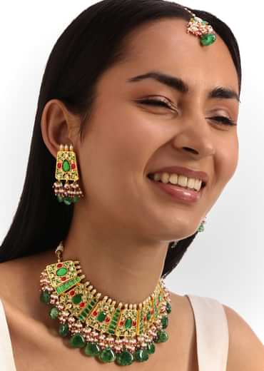 Green And Pink Pachi Kundan Short Necklace Set With Maangtikka