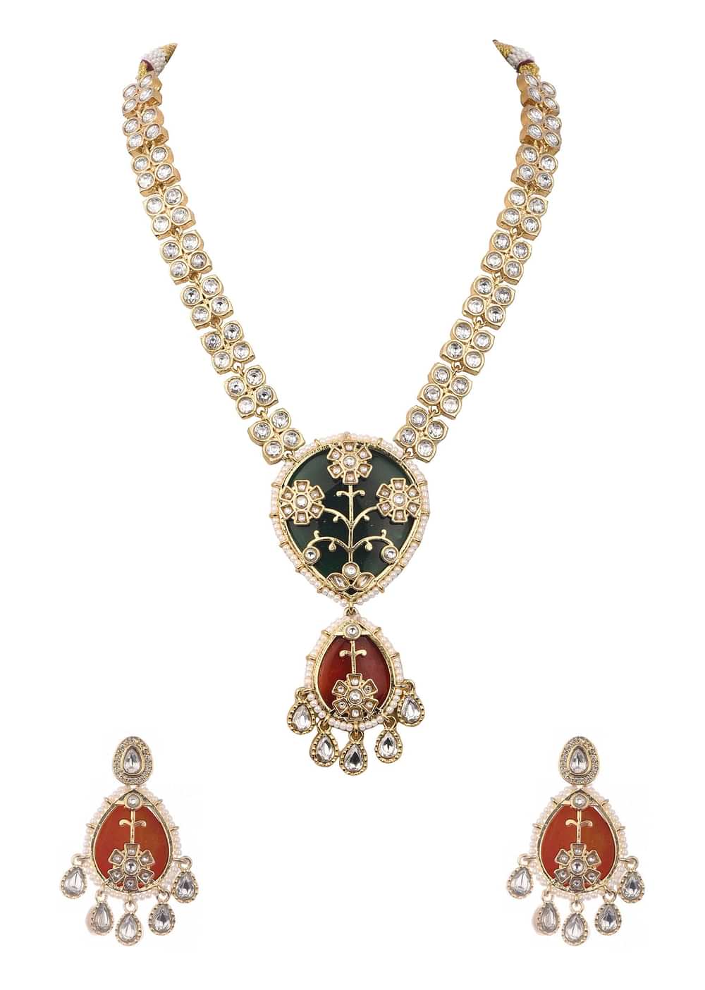 Green And Red Kundan Necklace Set With Stones