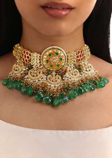 Green And Red Meenakari Kundan Necklace Set With Stones