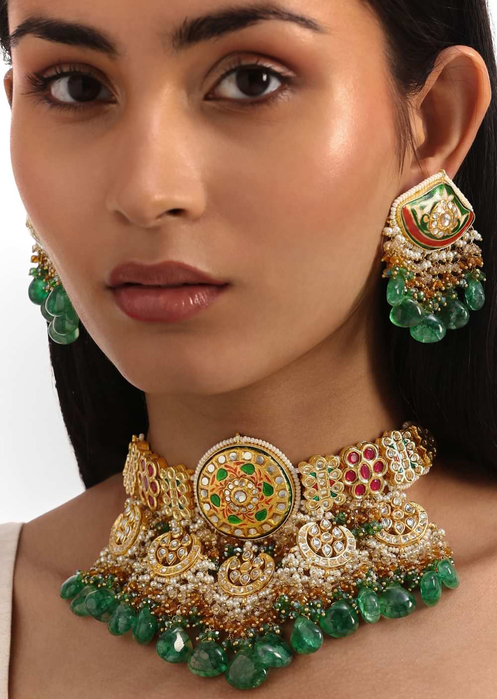 Green And Red Meenakari Kundan Necklace Set With Stones