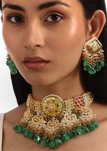 Green And Red Meenakari Kundan Necklace Set With Stones