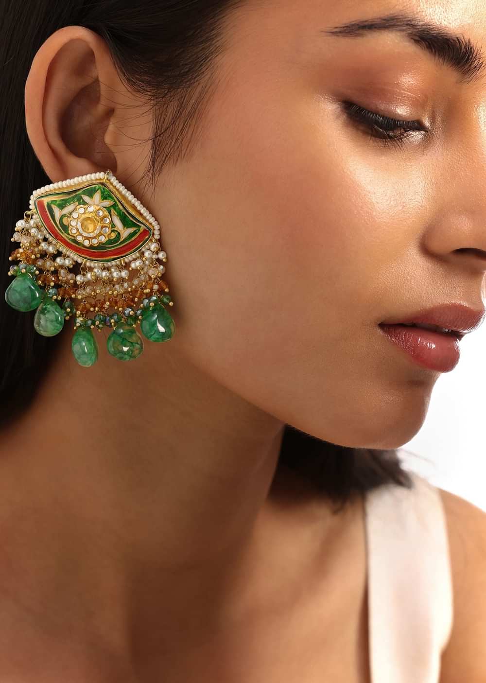 Green And Red Meenakari Kundan Necklace Set With Stones