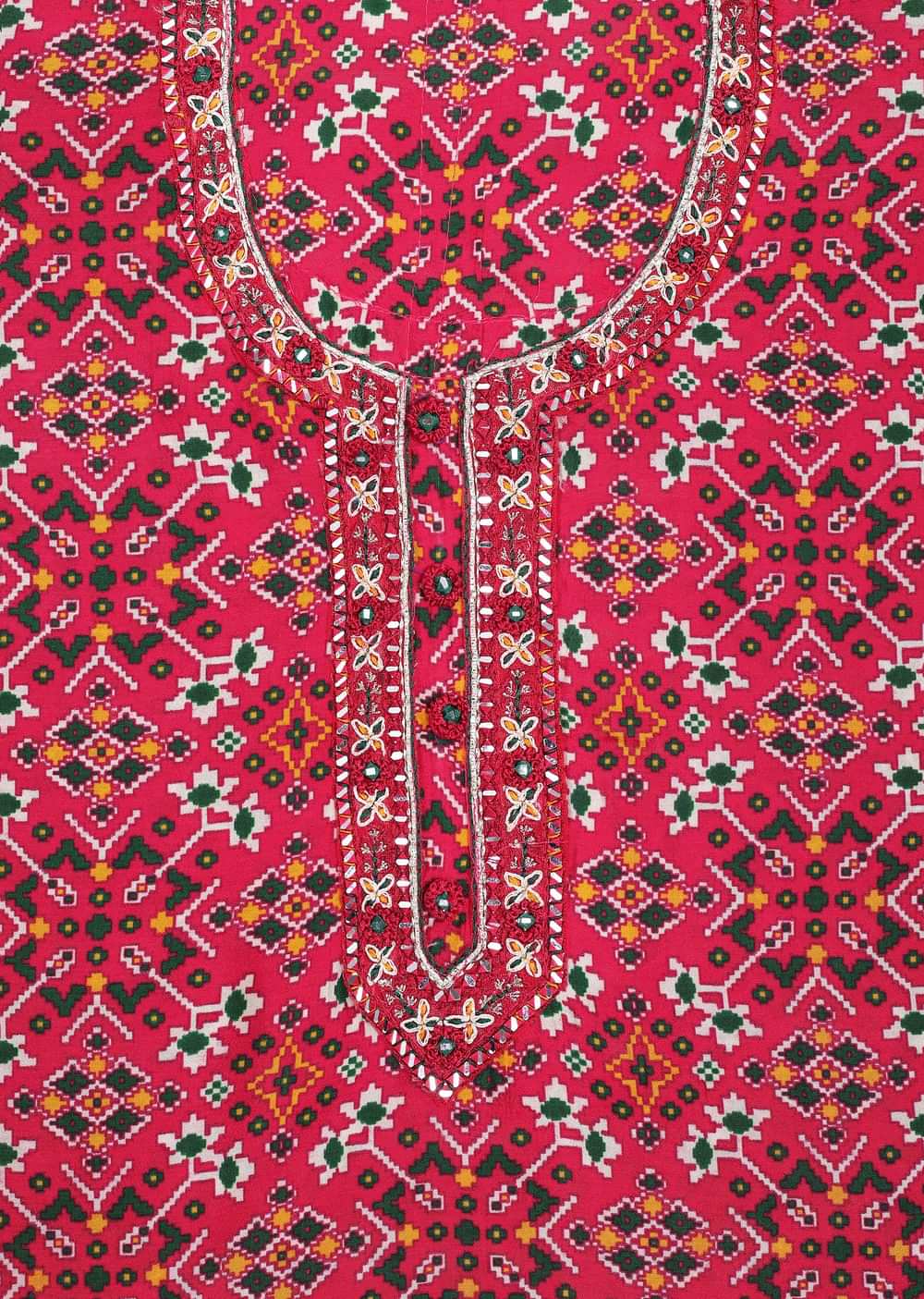Green And Red Patola Printed Tussar Dress Material