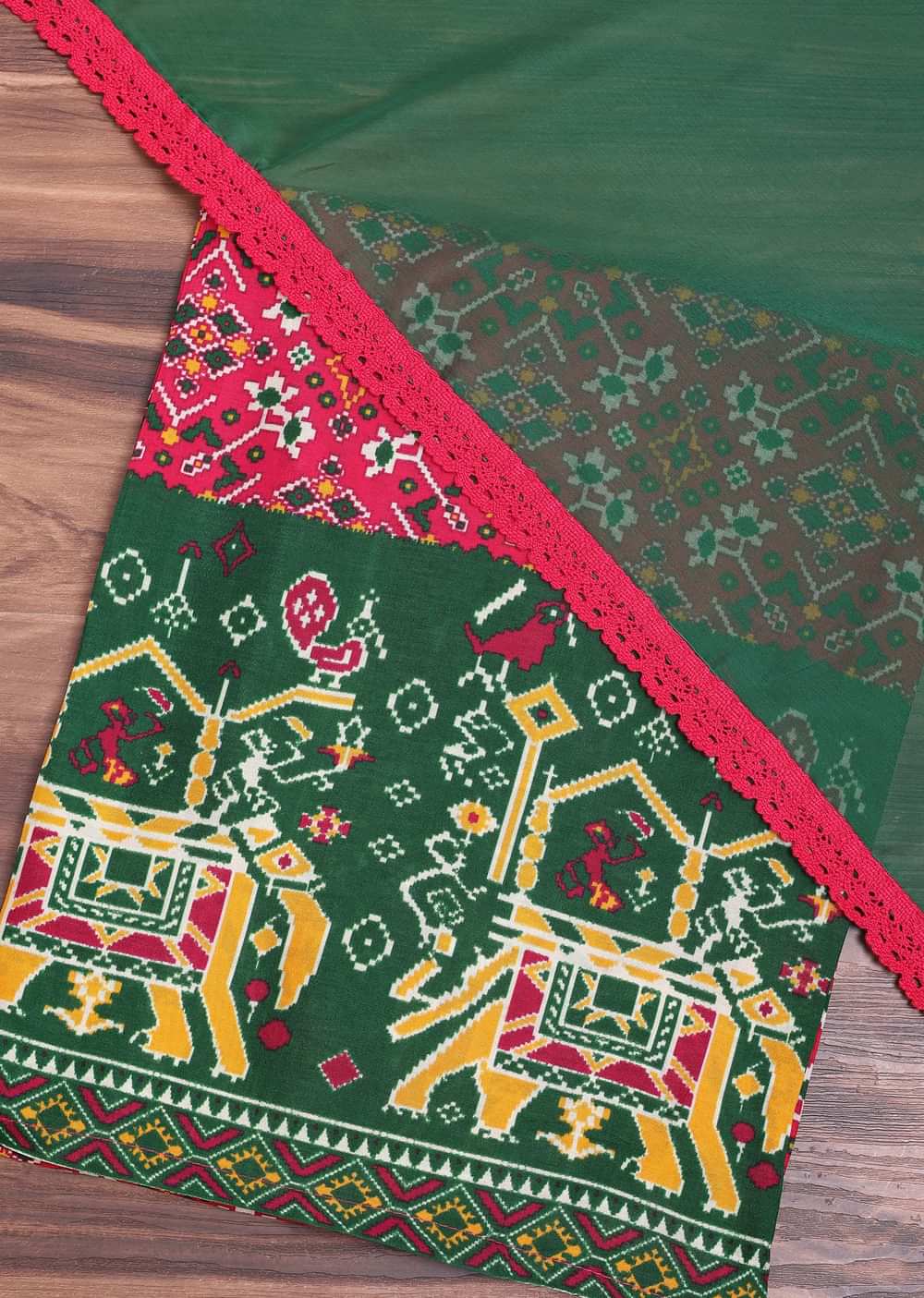 Green And Red Patola Printed Tussar Dress Material