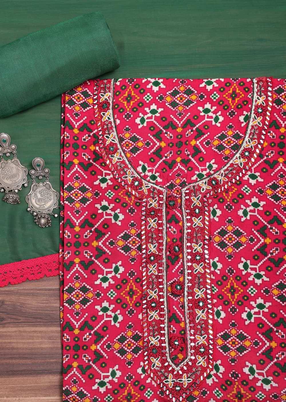 Green And Red Patola Printed Tussar Dress Material