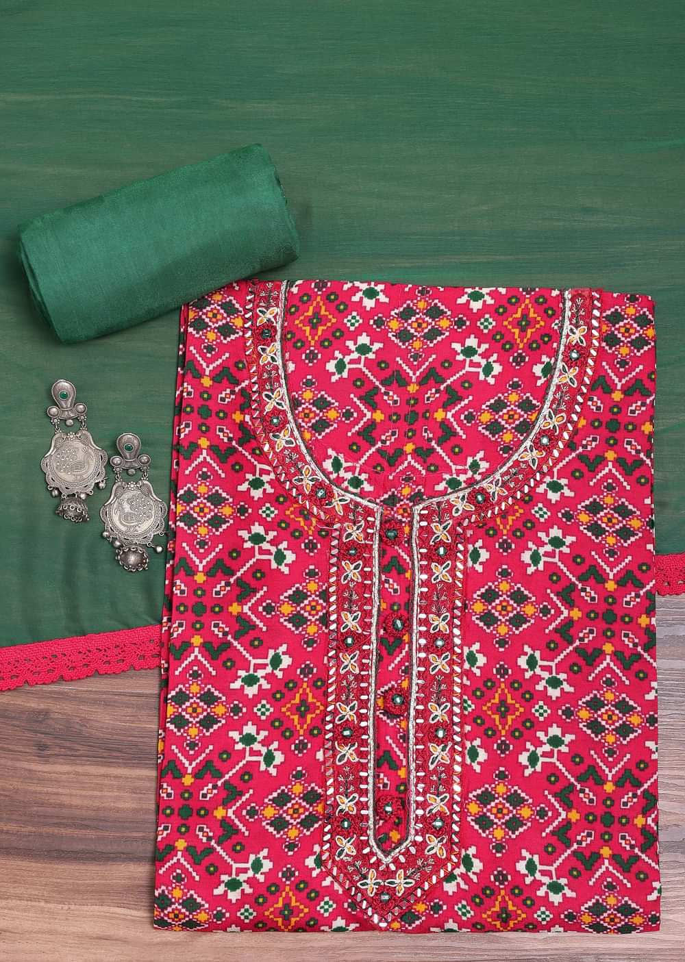 Green And Red Patola Printed Tussar Dress Material
