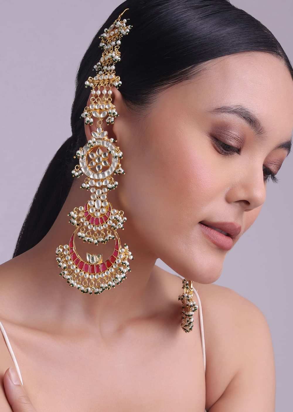 Green And Red Tone Chandabali Heavy Kundan Earrings With Pearls