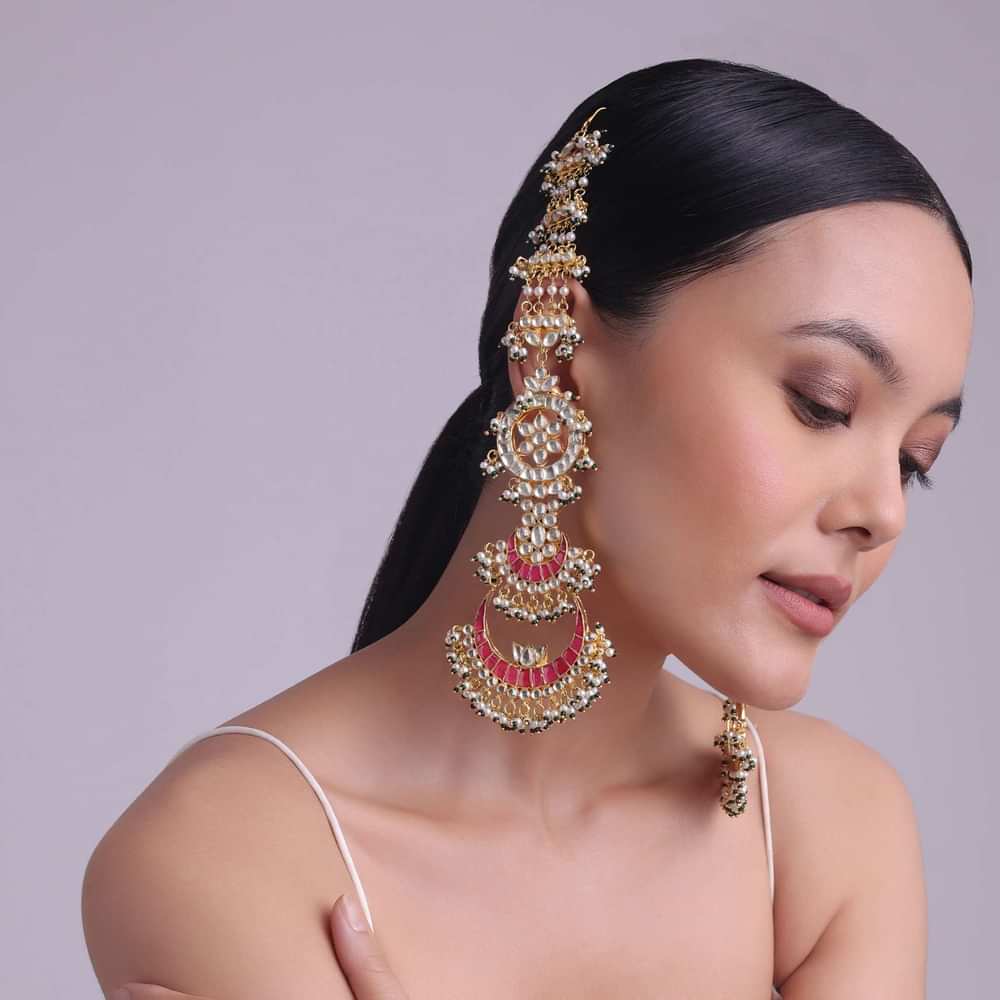 Green And Red Tone Chandabali Heavy Kundan Earrings With Pearls