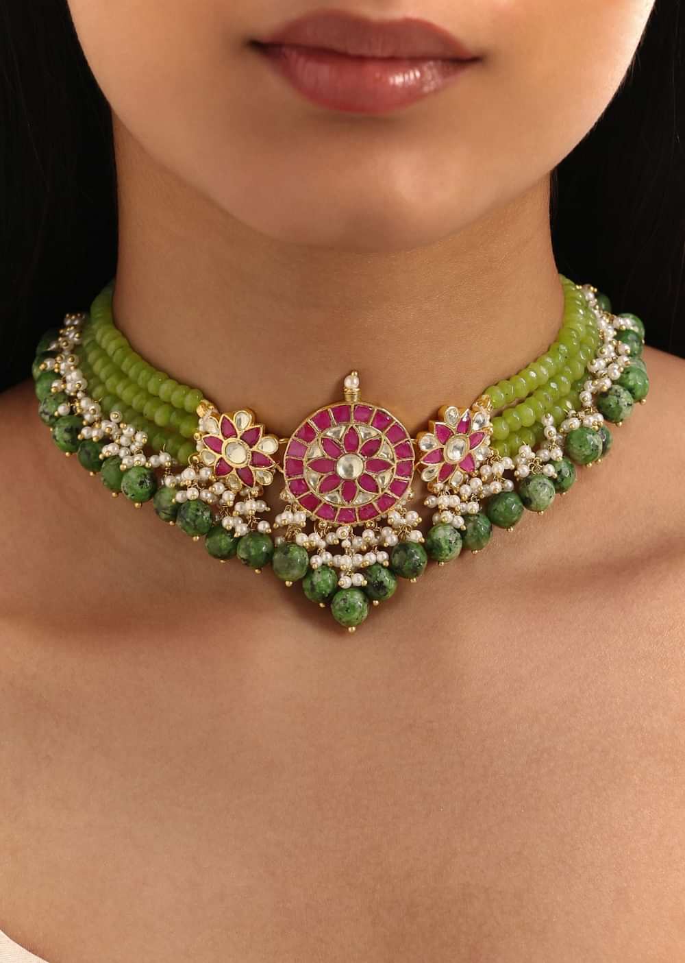 Green And Ruby Pachi Kundan Mixed Metal Necklace Set