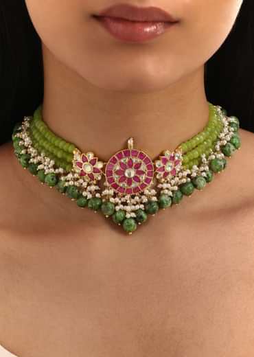 Green And Ruby Pachi Kundan Mixed Metal Necklace Set