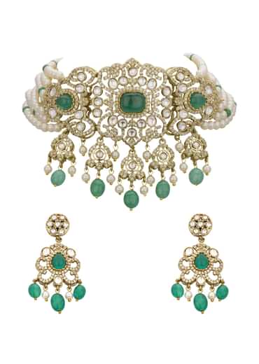 Green And White Choker Set With Encrusted Polki