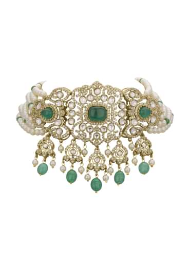 Green And White Choker Set With Encrusted Polki
