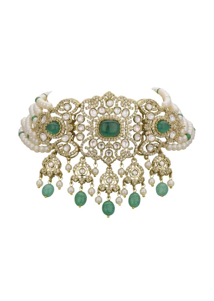 Green And White Choker Set With Encrusted Polki