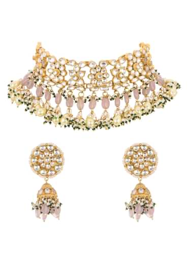 Green And White Kundan Choker Set In Mix Metal