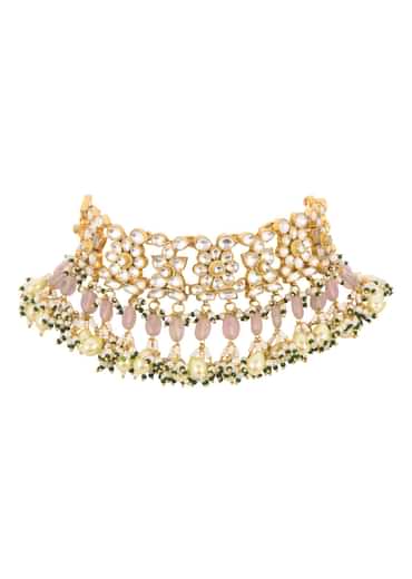Green And White Kundan Choker Set In Mix Metal