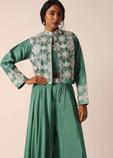 Green Art Silk Palazzo Set With Mirror Work