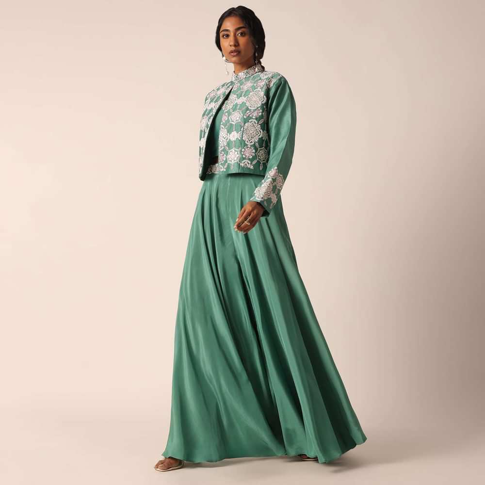 Green Art Silk Palazzo Set With Mirror Work