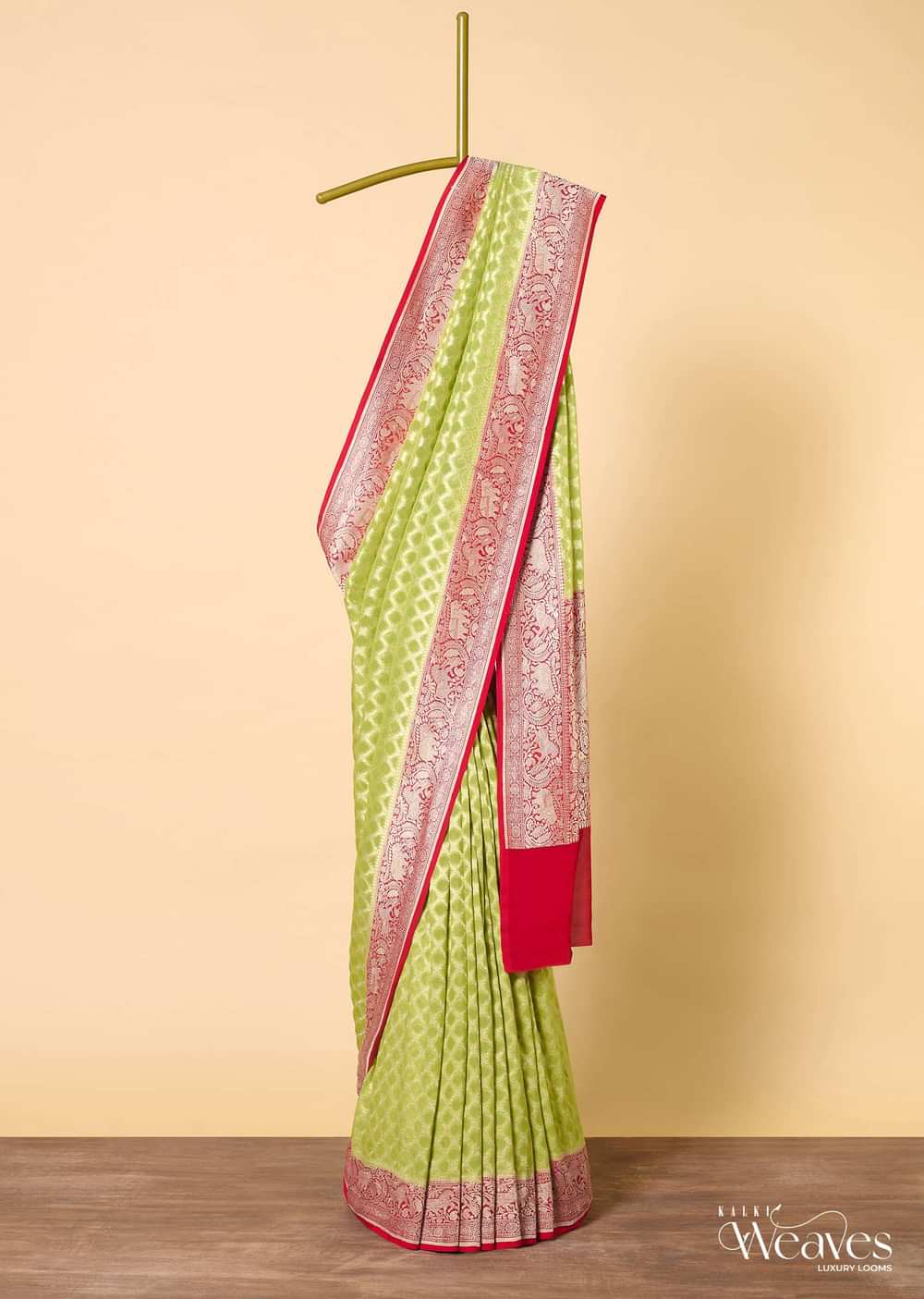 Green Banarasi Saree With Diagonal Zari Checks