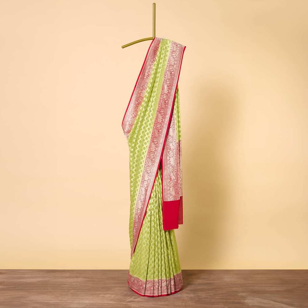 Green Banarasi Saree With Diagonal Zari Checks