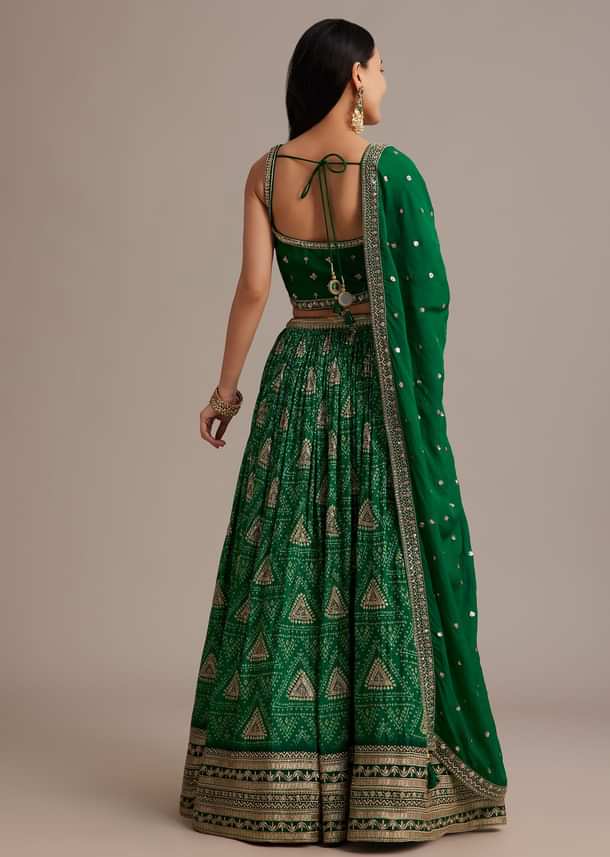 Green Bandhani Lehenga Set With Zari Butti And Sequins Work
