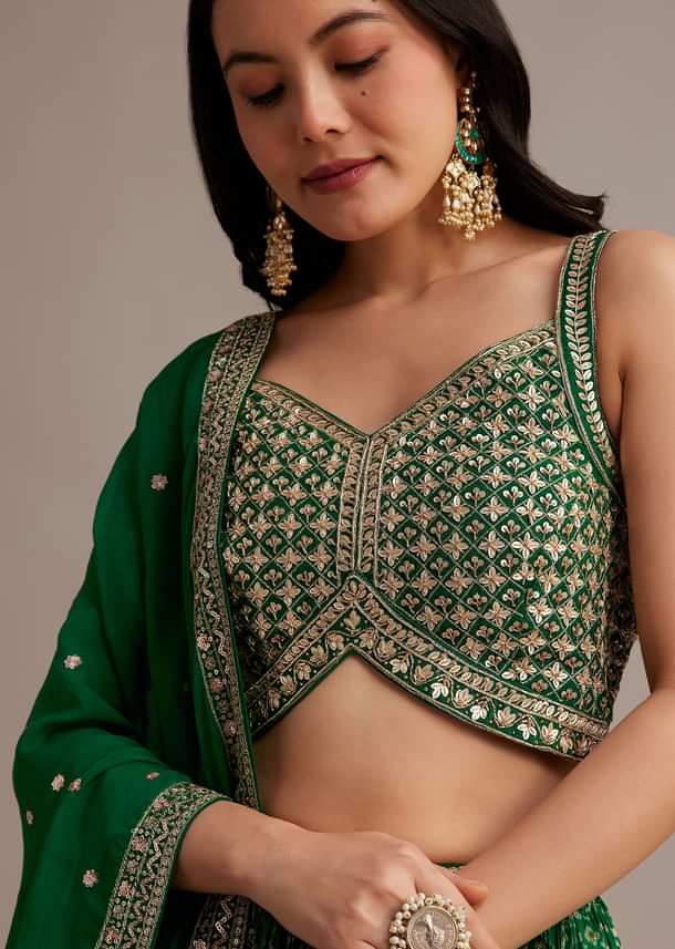 Green Bandhani Lehenga Set With Zari Butti And Sequins Work