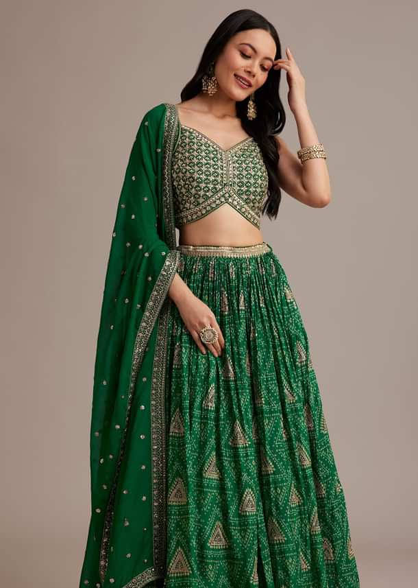 Green Bandhani Lehenga Set With Zari Butti And Sequins Work