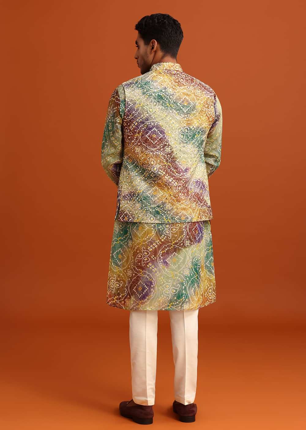 Green Bandhani Print Jacket Kurta Set In Georgette
