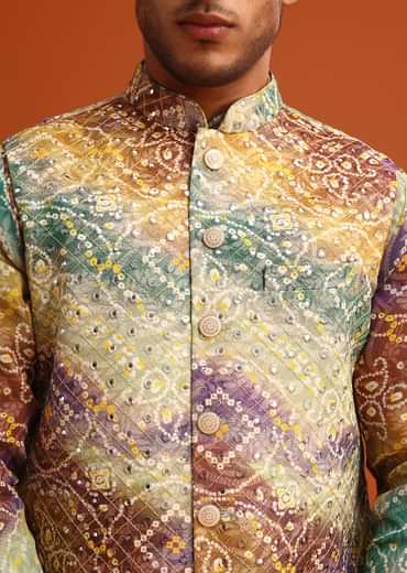 Green Bandhani Print Jacket Kurta Set In Georgette