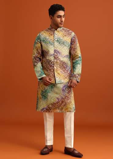 Green Bandhani Print Jacket Kurta Set In Georgette