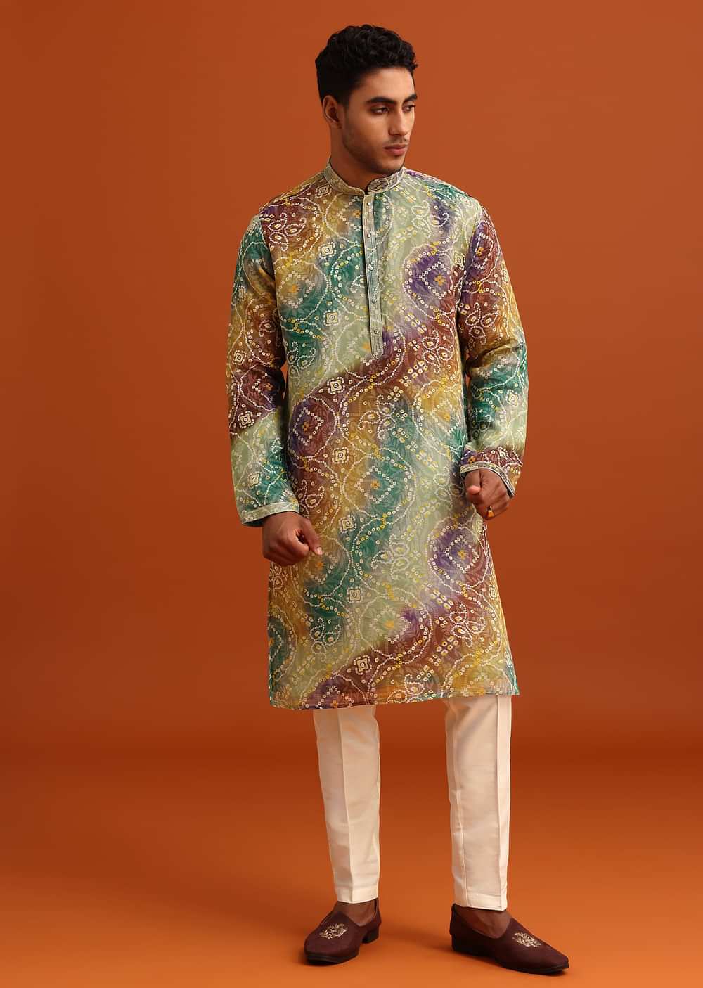 Green Bandhani Print Jacket Kurta Set In Georgette