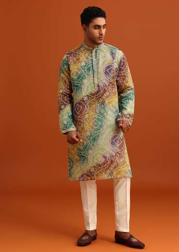 Green Bandhani Print Jacket Kurta Set In Georgette