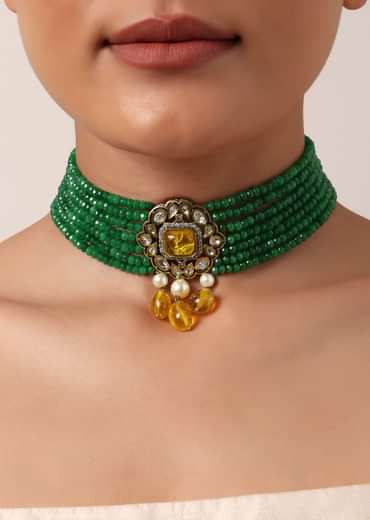 Green Beaded Choker Set With Yellow Floral Pendant