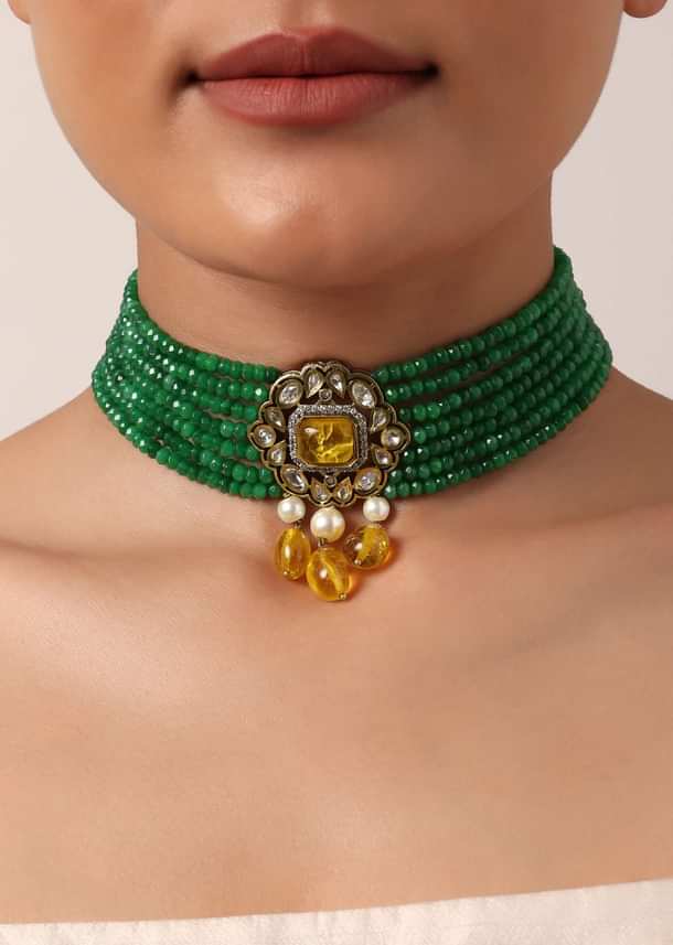 Green Beaded Choker Set With Yellow Floral Pendant