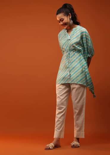 Green And Blue Kaftan With Tassels On Chevron Print