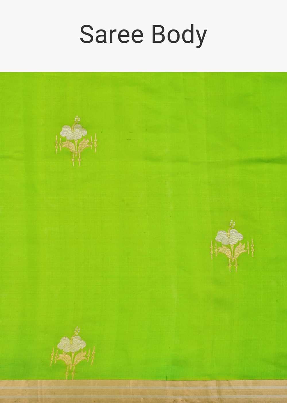 Green Bnarasi Silk Saree With Gold Zari Buti And Unstitched Blouse Piece