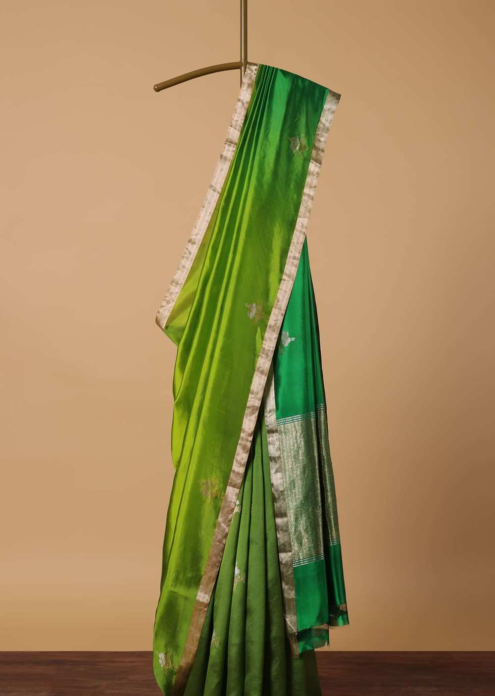 Green Bnarasi Silk Saree With Gold Zari Buti And Unstitched Blouse Piece