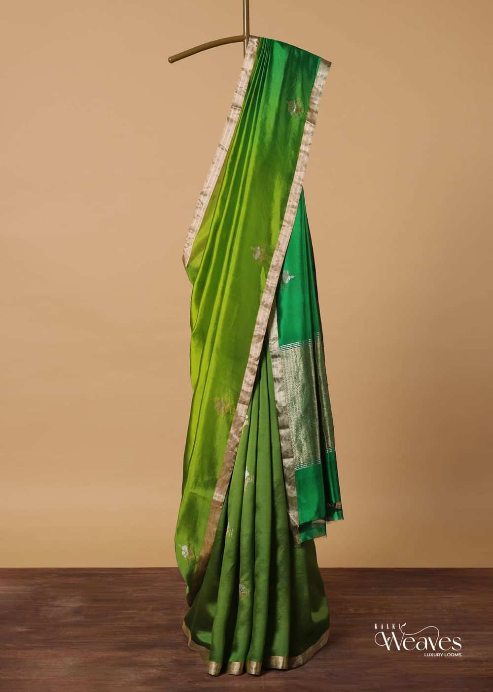 Green Bnarasi Silk Saree With Gold Zari Buti And Unstitched Blouse Piece