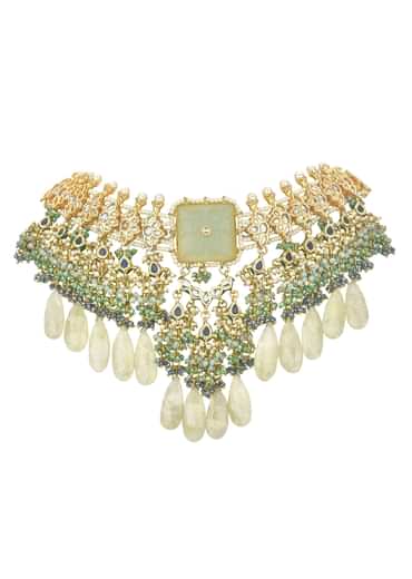 Green Bridal Choker Set With Beige Stones And Kundan