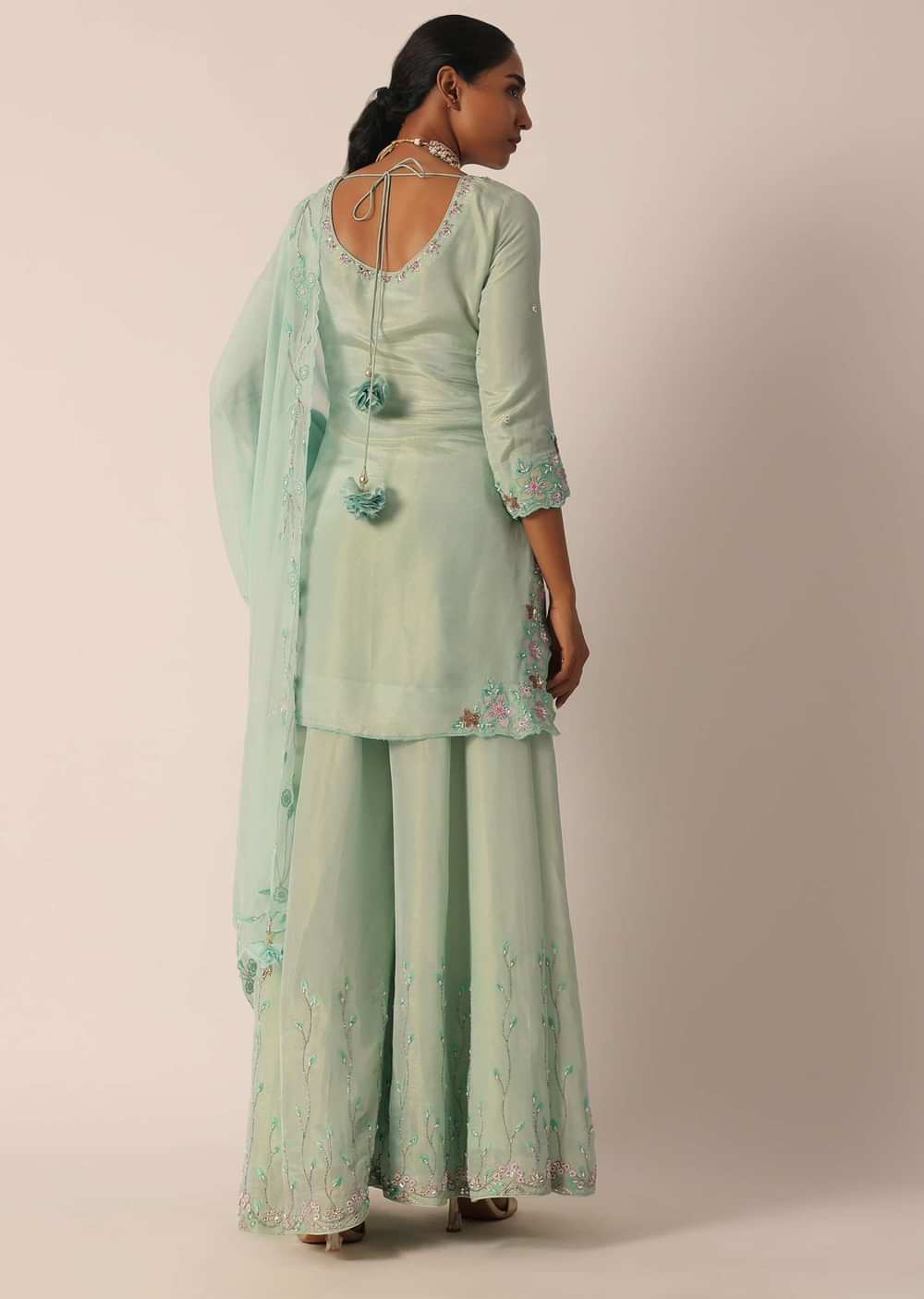 Green Chiffon Embroidered Kurta And Palazzo Set With Patchwork