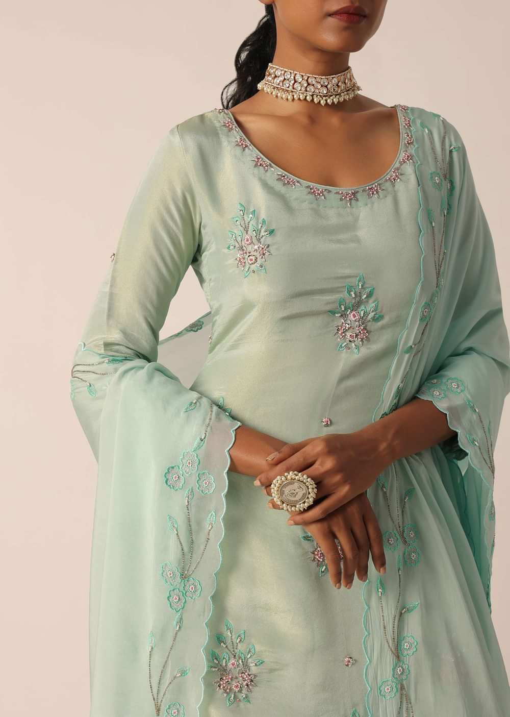 Green Chiffon Embroidered Kurta And Palazzo Set With Patchwork