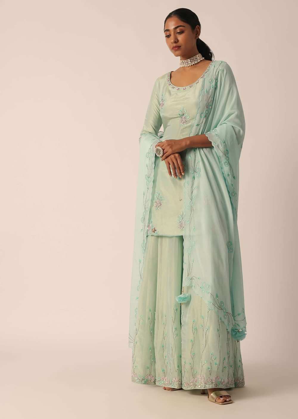 Green Chiffon Embroidered Kurta And Palazzo Set With Patchwork