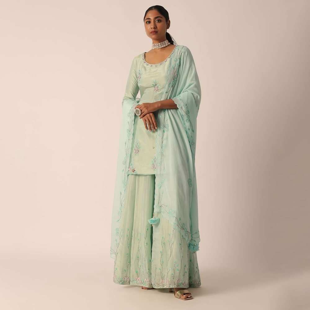 Green Chiffon Embroidered Kurta And Palazzo Set With Patchwork
